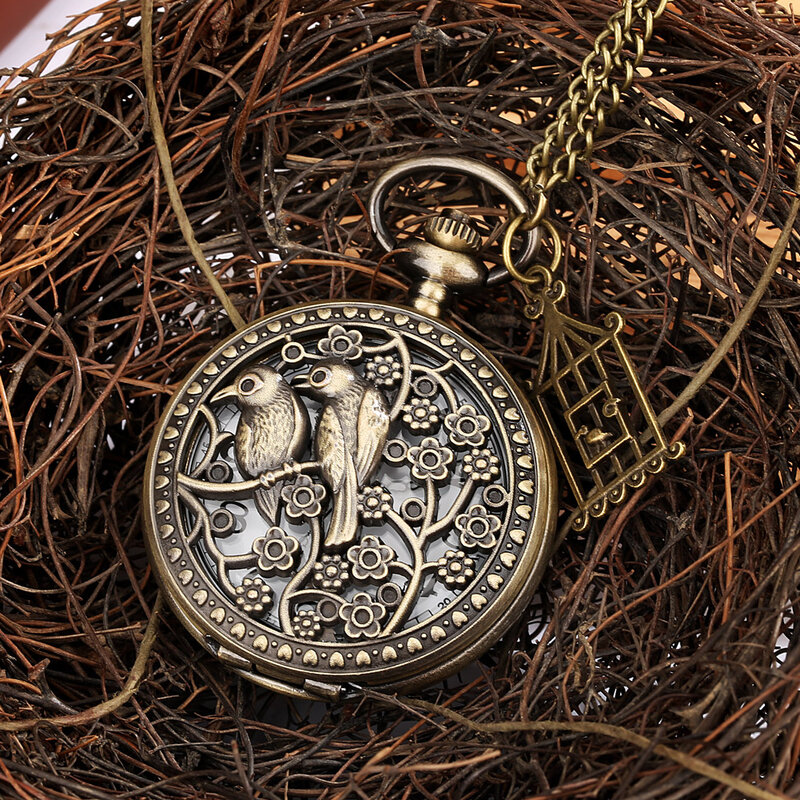 Retro ażurowy wzór sroki zegarek kieszonkowy brązowy naszyjnik kwarcowy zegar biała tarcza cyfra arabska wisiorek zegarek kieszonkowy z metką