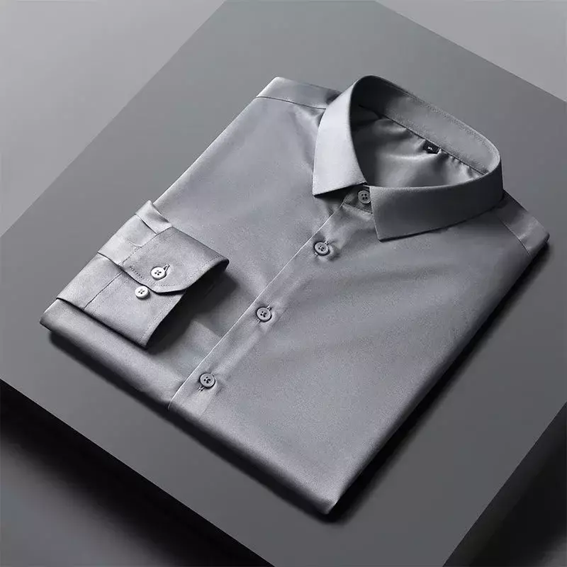 Szara, wysokiej jakości lodowy jedwab koszula męska odzież robocza z długimi rękawami, bez żelaza, odzież dla pana młodego