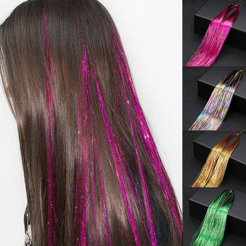 Extensiones de Cabello con purpurina para mujer, hebras brillantes, tocado trenzado sintético, cabello falso, oropel Hippie, 36 pulgadas