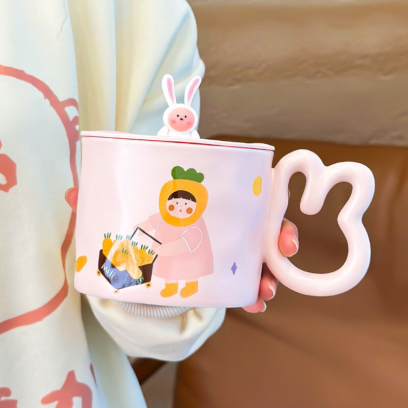 뚜껑과 스푼 달린 만화 세라믹 머그잔, 창의적인 귀여운 커피 우유 차 아침 식사 컵, 음료 용기 노벨티 선물, 300ml