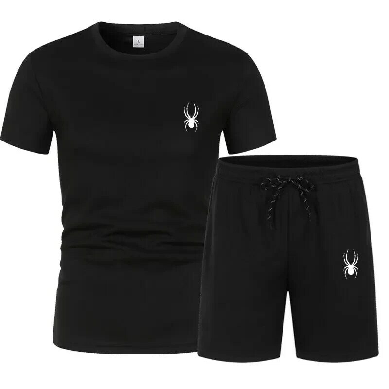 Men's short-sleeved T-shirt set, popular summer jog, lens wet print, casual fashion, men's sports