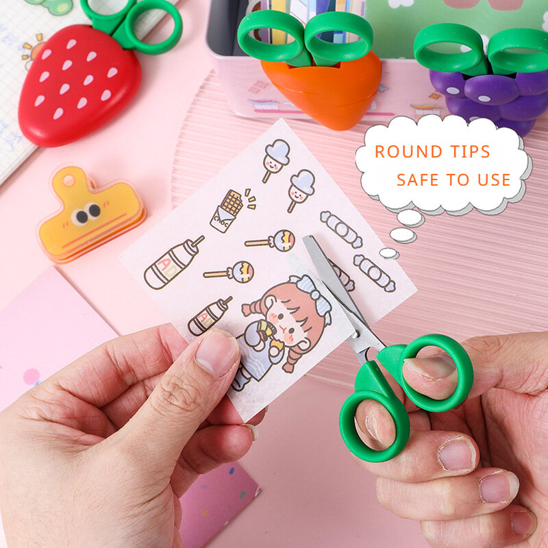 Kawaii Fruit Safefy Scissors for Kid Mini Round Head Plastic Scissors with Cover Student Children Paper Cutter School Supplies