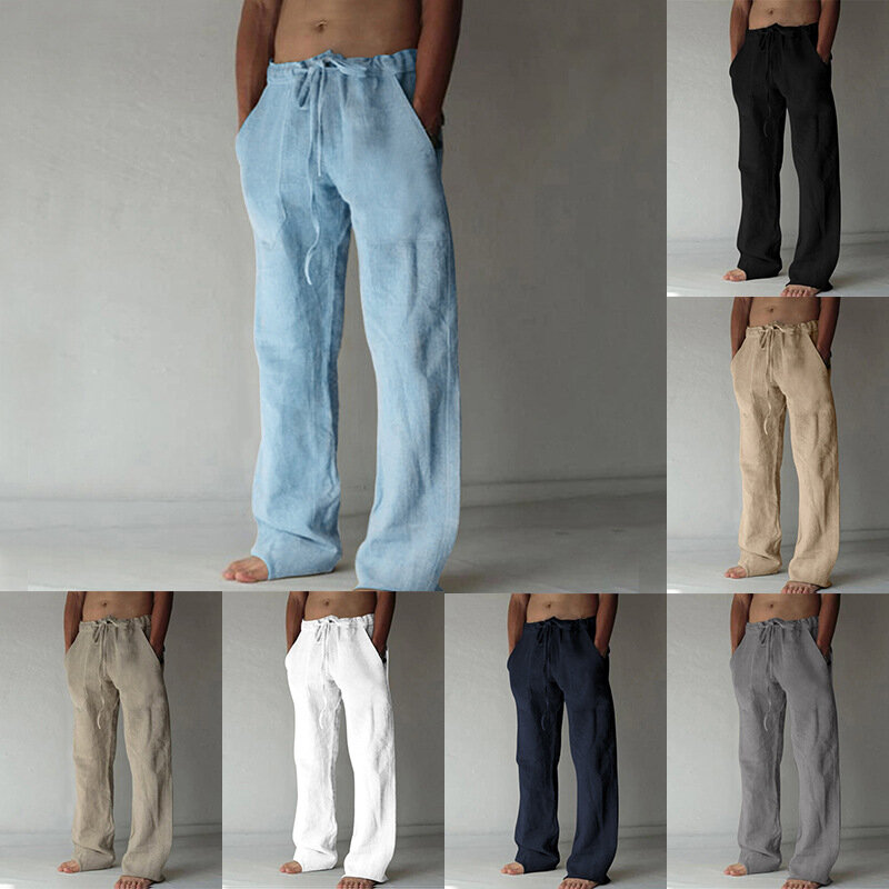 Summer Solid Color Cotton Linen Men Pants Minimalist Basic Casual Drawstring Trousers Thin Oversize Loose Straight Leg Pant