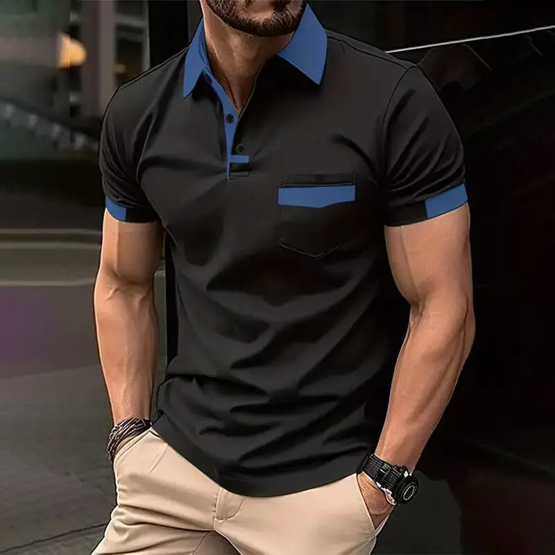 Camisa polo de manga curta masculina, combinando cores, botões de bolso, pulôver esportivo, casual de negócios, camisa viajante, verão