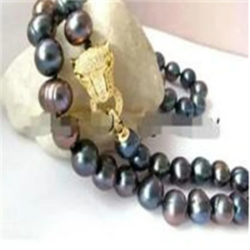 Collier de perles d'eau douce ovales noires, cristal doré, fermoir léopard, 26"