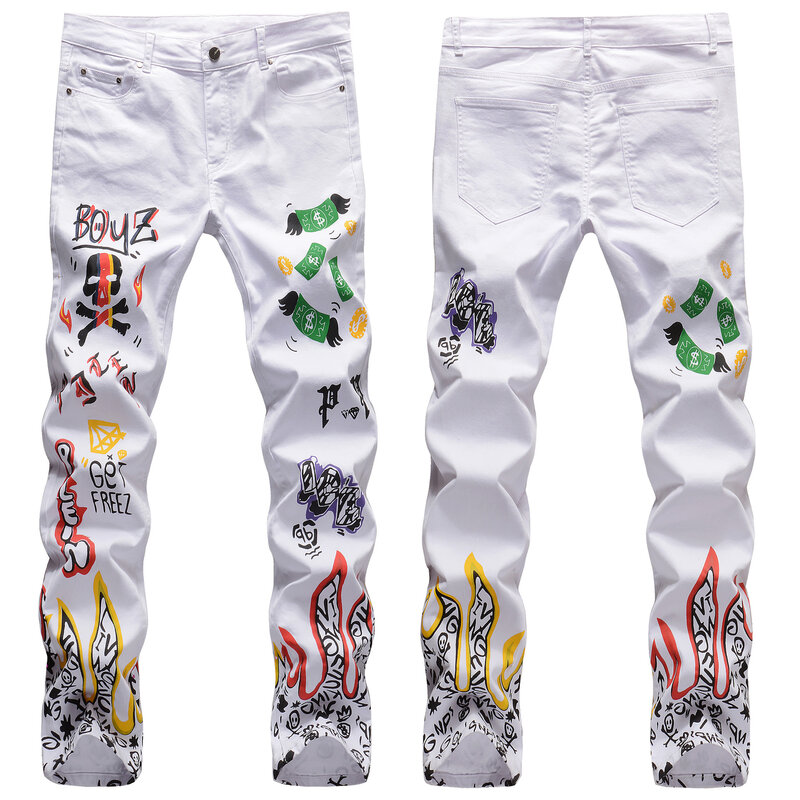 Fashion trend men's white elastic printed jeans non-mainstream personality casual long pants  European and American style