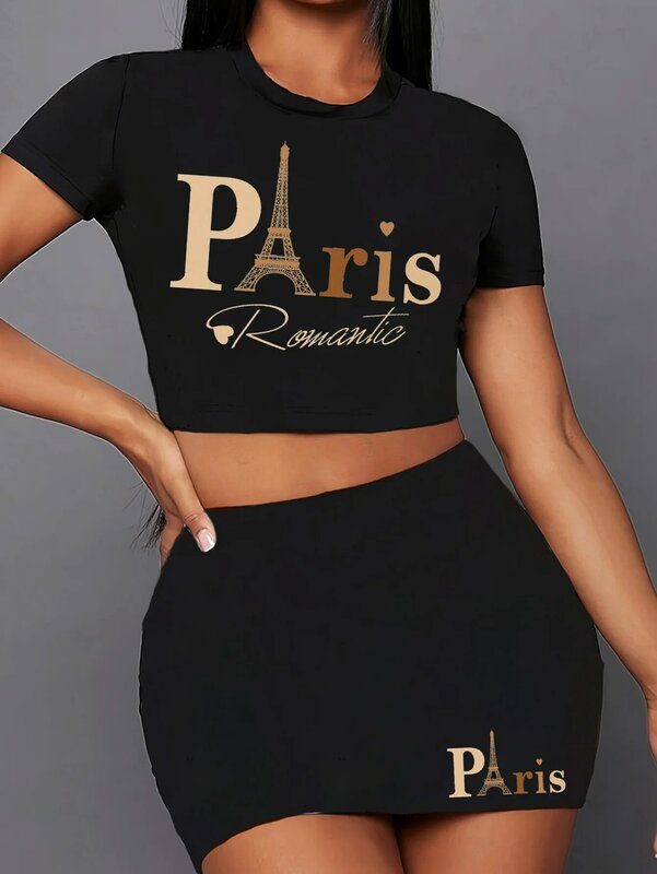 France Paris pakaian wanita, dua potong Set kaus dan rok bulat lengan pendek