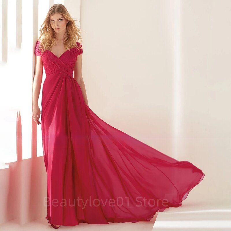 Simple Chiffon Sweep Train V-Neck Off the Shoulder Floor-Length Prom Dress A Line Sleeveless Evening Party Gown Robes Habillées