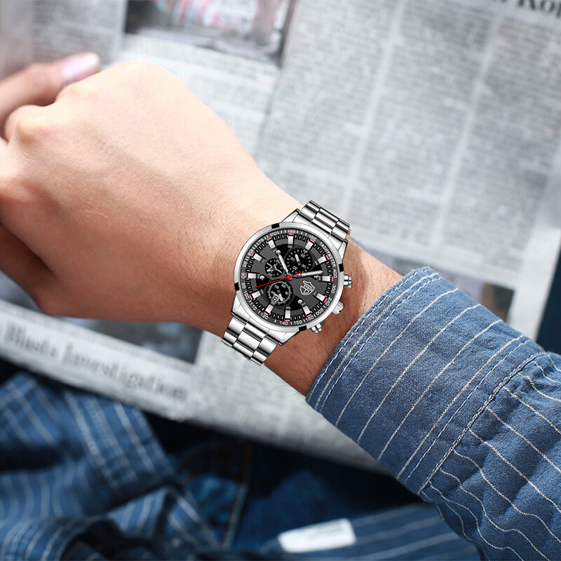 2022 Mens Watches Fashion Luxury Men Black Stainless Steel Quartz Wristwatch Man Business Casual Leather Watch relogio masculino