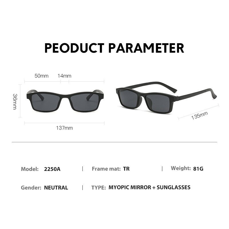 Montura de gafas para hombre y mujer, gafas de sol polarizadas con Clip de 5 piezas, magnéticas, UV400, 2250