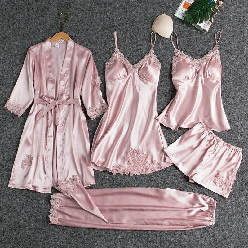 Pijama de seda fino com almofadas no peito feminino, conjunto sexy de 5 peças, alta qualidade, novo para primavera e verão, 2022