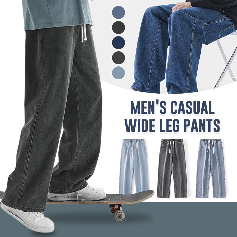 Spring Summer Blue Oversize Straight Jeans Men Streetwear Denim Pants Vintage Drawstring Elastic Waist Loose Wide Leg Trouser