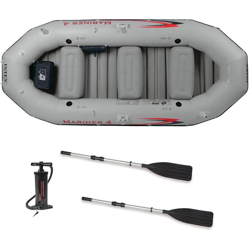 4, 4-Person Inflatable Boat Set with Aluminum Oars and High Output Air Pump for Fishing and Boating in Rivers and Lakes