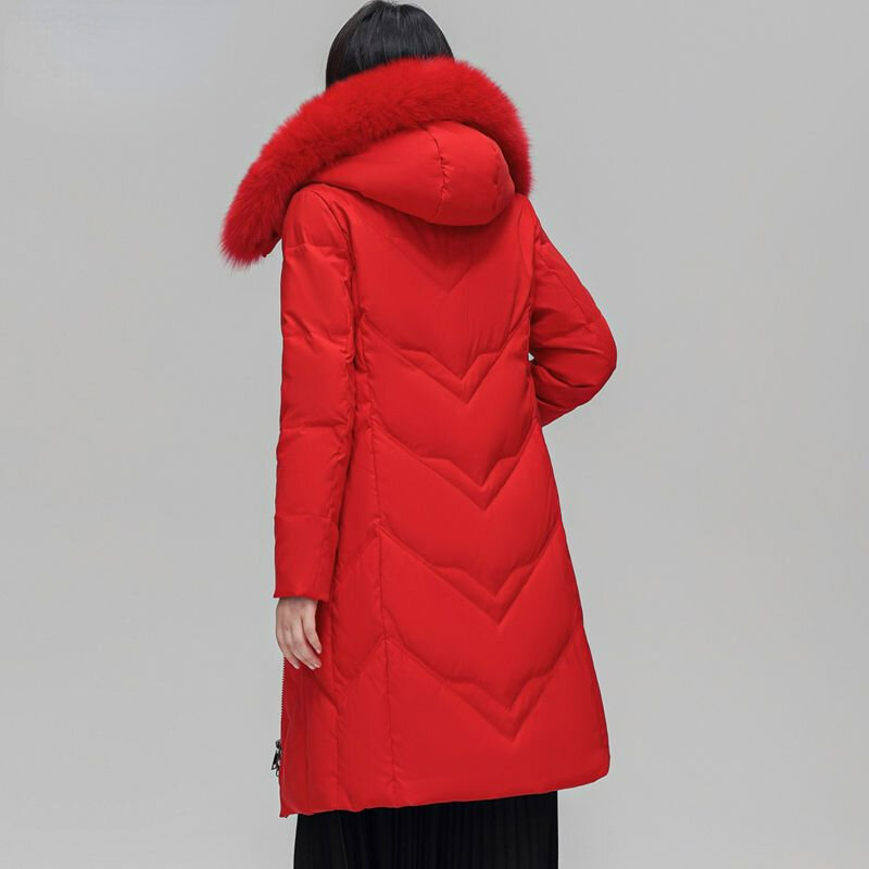 Jaket Down wanita, mantel Musim Dingin versi panjang sedang parka ramping sesuai pakaian luar bertudung kerah bulu waktu santai 2023