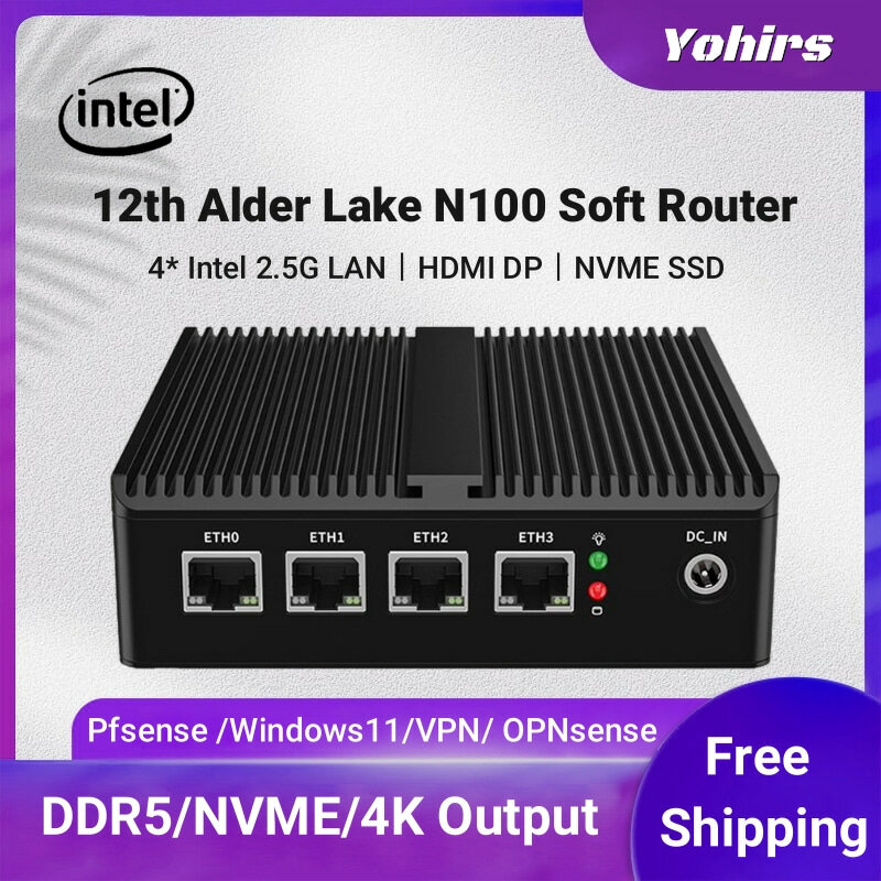 인텔 N100 팬리스 미니 산업용 PC, N5105 4x2.5G i226 i225 LAN DDR5 NVMe 소프트 라우터 방화벽, HDMI2.0 OPNsense PVE ESXi 호스트