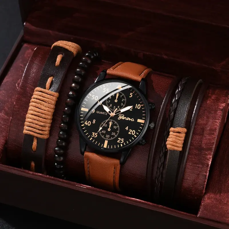 Relógio de pulso masculino de quartzo, pulseira de couro marrom, relógio casual, relógio de luxo, sem caixa, 4 pcs, 2 pcs, 1pc