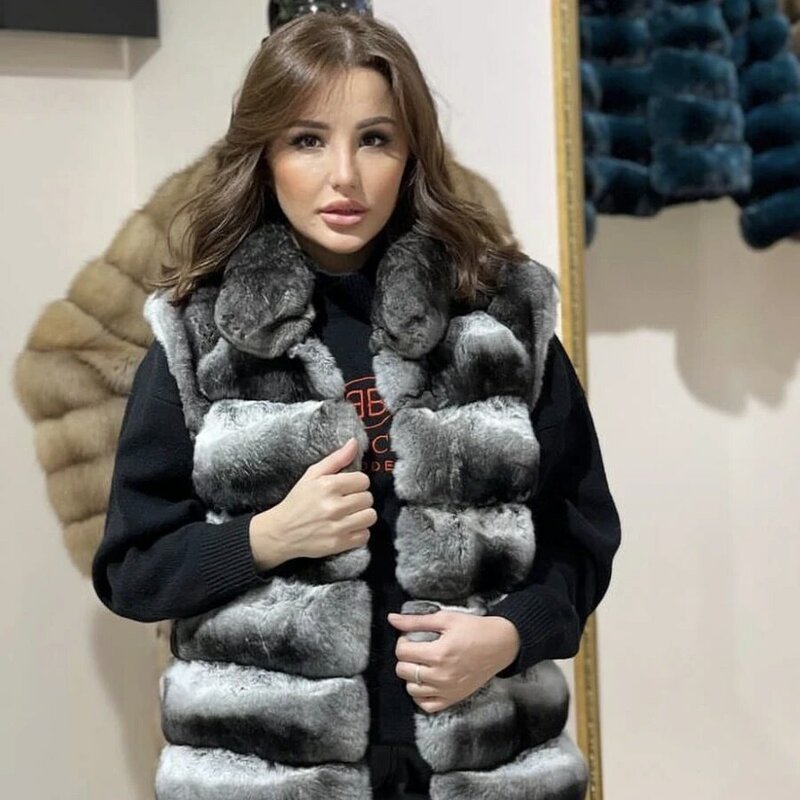 Women's Winter Fur Sleeveless Real Long Rex Rabbit Fur Gilets For Women Rex Chinchilla Fur Long Vest Woman Women's Fur Vest