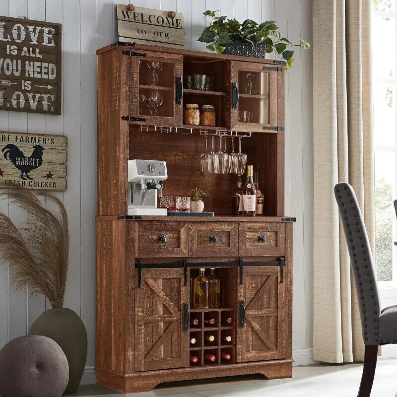 Farmhouse Buffet Cabinet with Storage, 54" Sideboard with 3 Drawers, Sliding Barn Door, Wine and Glass Rack, Storage Shelves