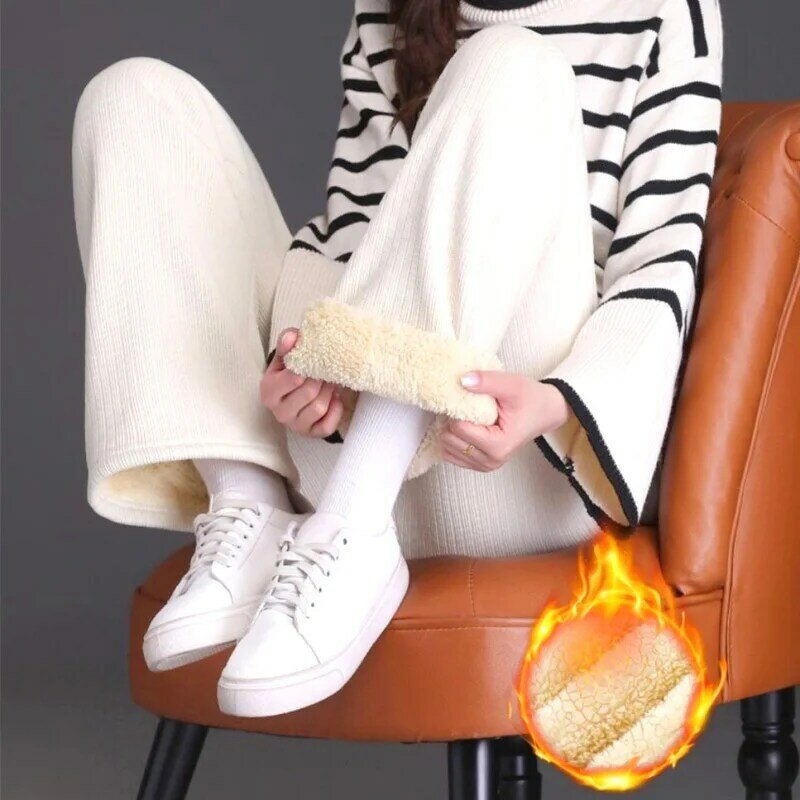 Pantaloni a gamba larga foderati in pile invernale pantaloni sportivi caldi addensati Casual per le donne pantaloni dritti con lanugine di agnello elastici coreani a vita alta