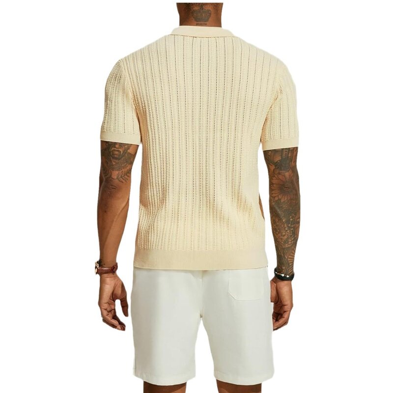 Camisa de malha de lapela masculina, camiseta manga curta, cardigã respirável, peito único, top masculino, verão