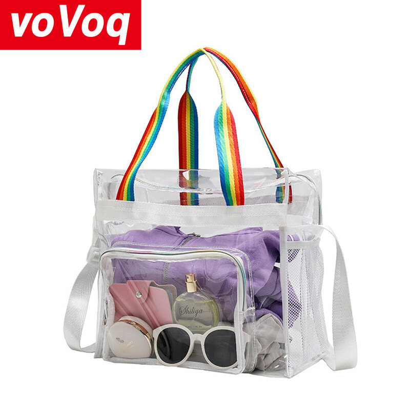 Tas jinjing PVC Bening, tas penyimpanan kebugaran musim panas kapasitas besar tahan air tali warna-warni untuk wanita
