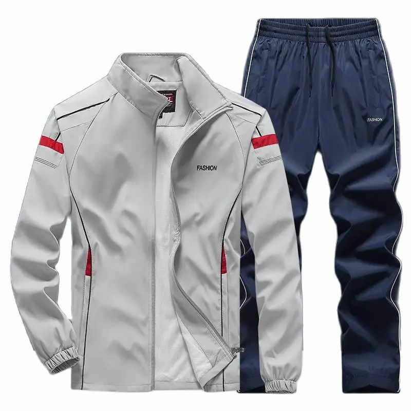 Setelan pakaian olahraga pria, setelan pakaian Jogging musim semi musim gugur 2 potong jaket + celana