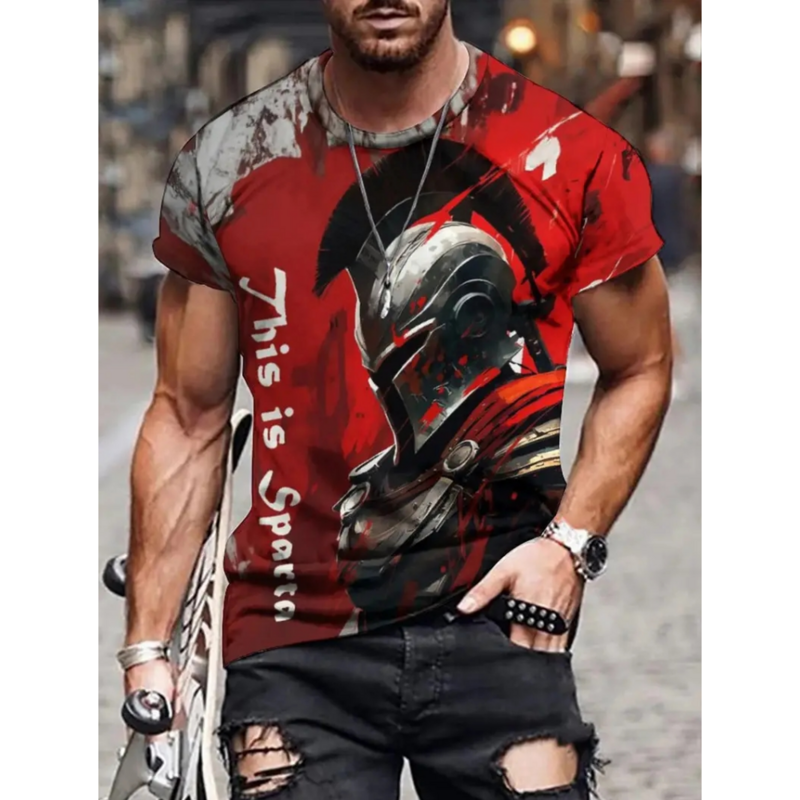 Camiseta retrô de guerreiro medieval masculina, estampa 3D, rua alta, tops casuais, manga curta, roupa de homem, moda verão