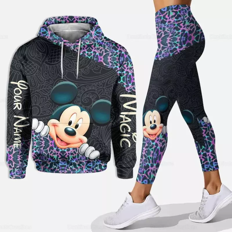 Disney-Conjunto de calças e moletom feminino Mickey Mouse 3D com capuz, terno esportivo, moda, 2024