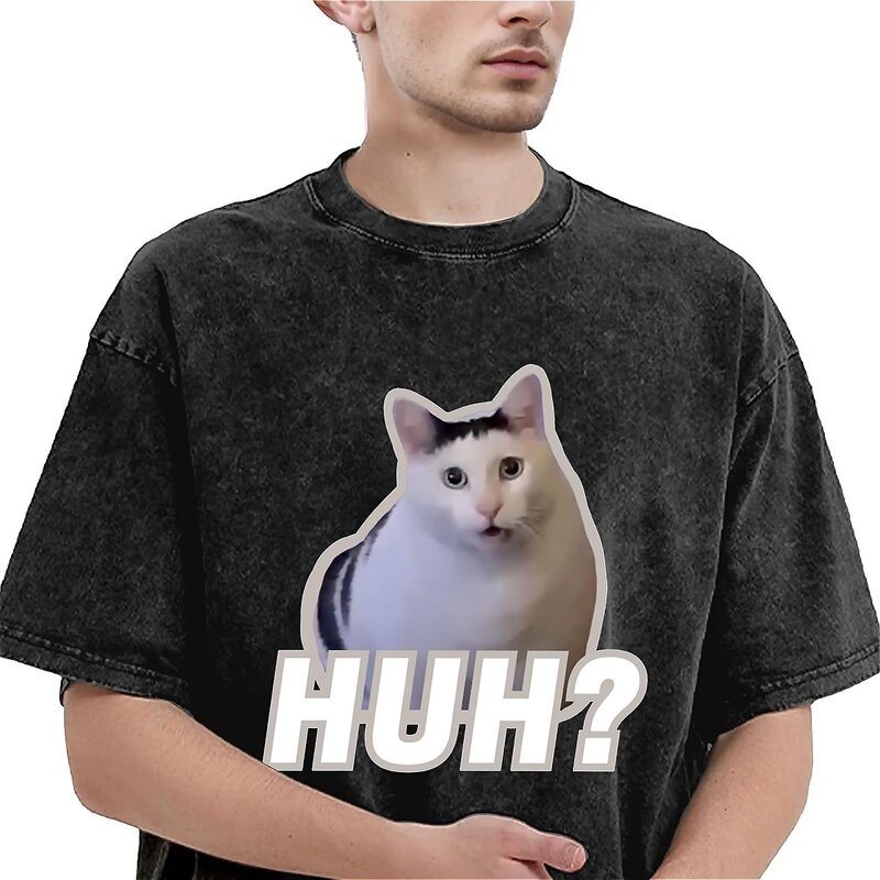 Oversized Washed T Shirt Huh cat Simple T-Shirts meme Huh Kawaii Tee Shirt for Man Summer Awesome Pattern Top Tees