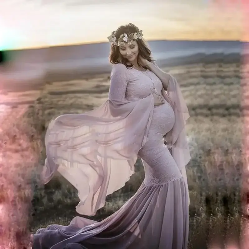 ثوب الأمومة من الدانتيل للنساء الحوامل ، فستان طويل بدون كتف ، فستان تصوير الحمل المزخرف ، دعامة صور