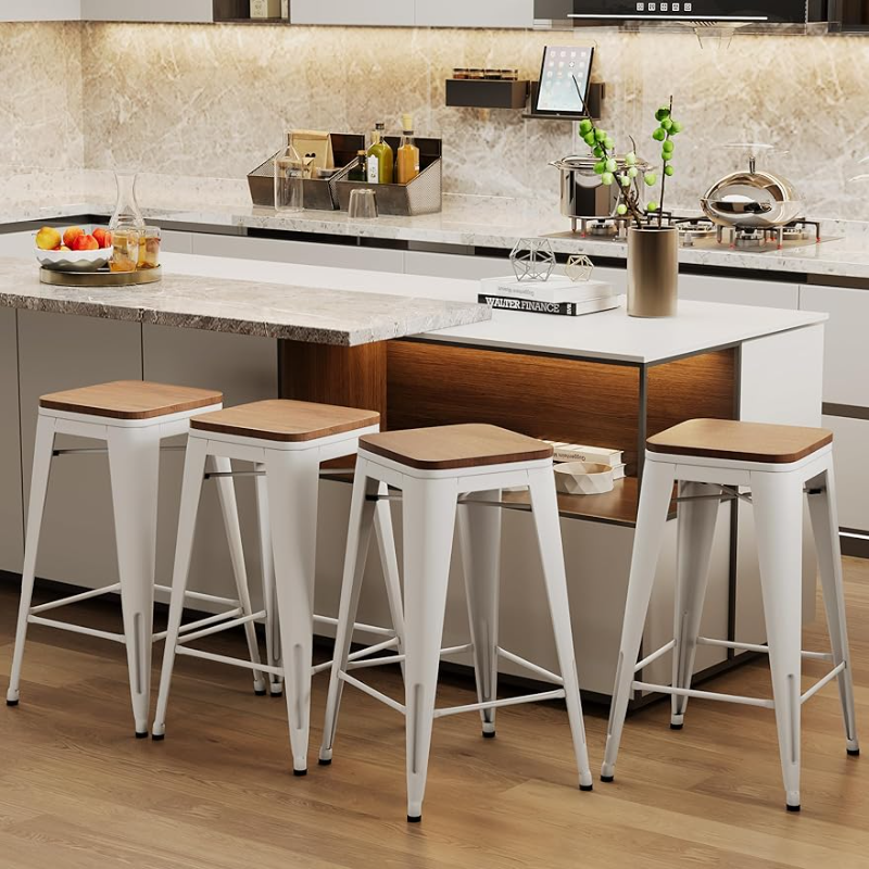 Alunaune 26" Metal Bar Stools Set of 4 Industrial Backless Counter Height Barstools Stackable Kitchen Patio Stool Wood Top-White