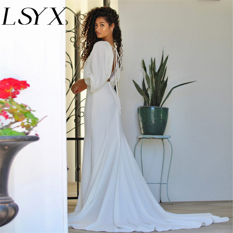 Элегантное свадебное платье LSYX с глубоким V-образным вырезом, рукавами-фонариками, открытой спиной, Русалка, простое свадебное платье с открытой спиной со шлейфом, индивидуальный пошив