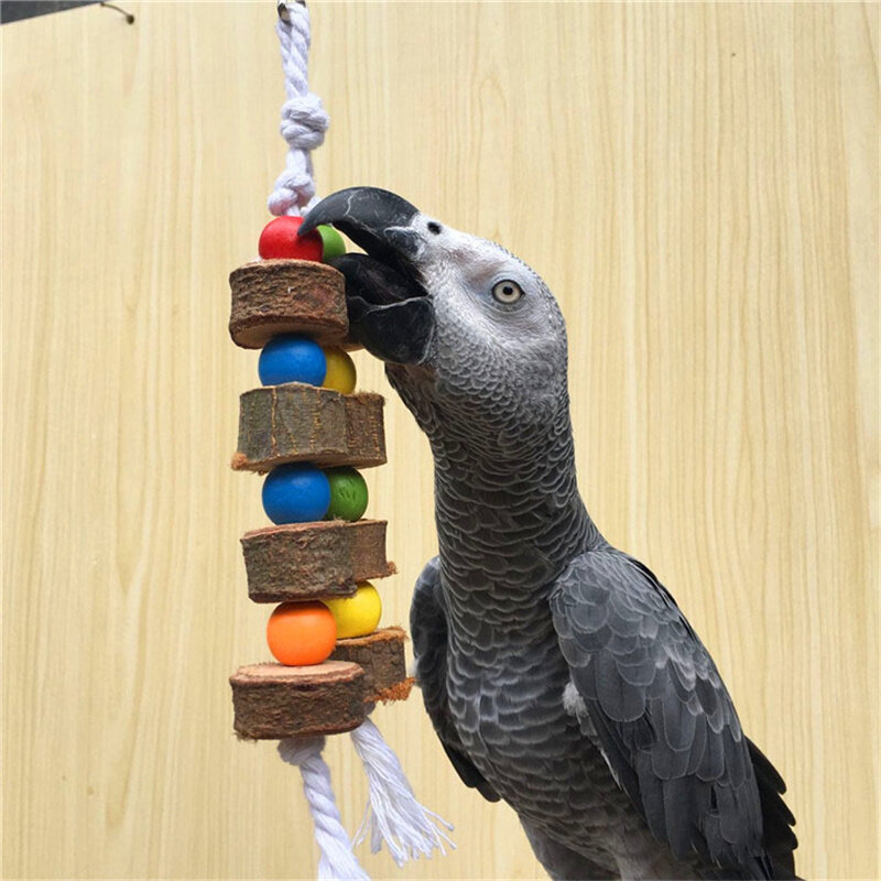 천연 나무 새 앵무새 다채로운 장난감, 씹는 물린 행잉 케이지 볼, 로프 2 개