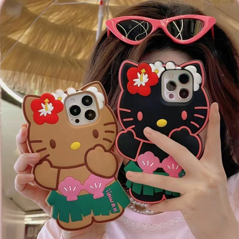 เคสโทรศัพท์มือถือลายการ์ตูน Sanrio ลาย Hello Kitty สไตล์ฮาวาย3D 3มิติป้องกันการตก iPhone 14 13 12 11 Pro แบบนิ่ม