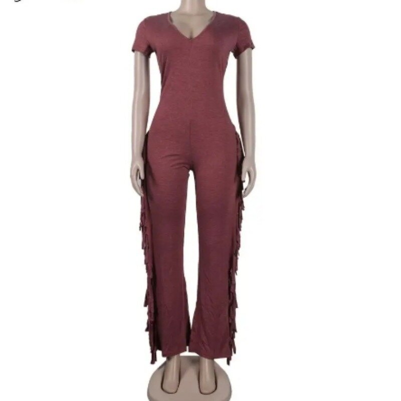 Macacão feminino monocromático com borla bodycon, decote em v, manga curta, cintura alta, macacão casual, streetwear Y2K, moda, outono, 2023