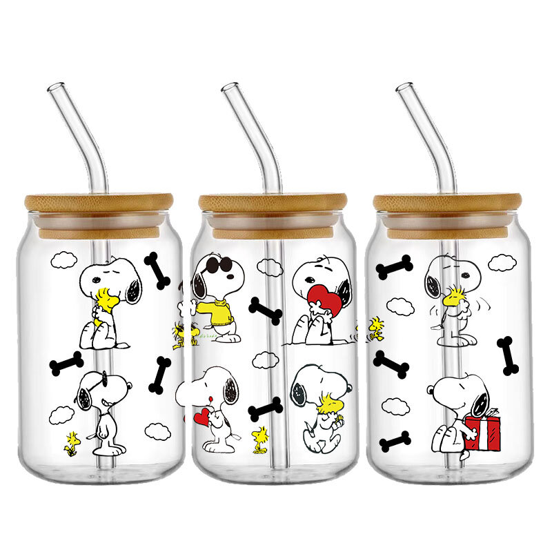 Мультяшная модная наклейка Snoopy 16 унций УФ DTF, переводная наклейка для стеклянной бутылки Libbey Can, самоклеящаяся, моющаяся, сделай сам, на заказ