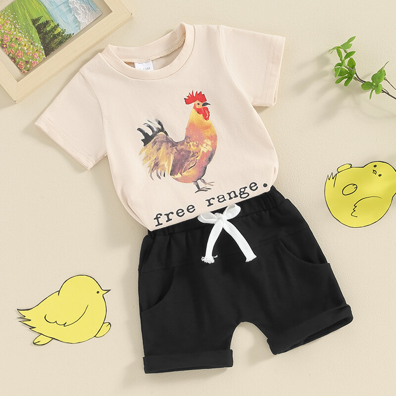 Roupa do verão da criança Baby Boy, Free Range Rooster T Shirt, Shorts de cintura elástica, Roupas de fazenda