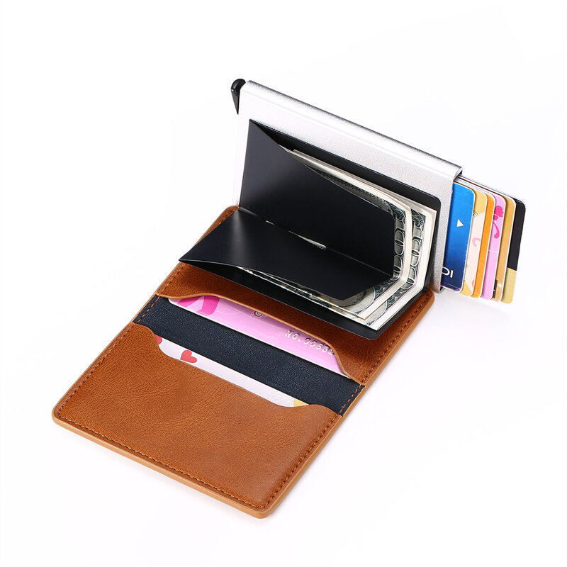 남성용 알루미늄 합금 신용 카드 홀더, 멀티 카드 슬롯, 자동 팝업 오픈 명함 상자, 가죽 안티 마그네틱 카드 지갑