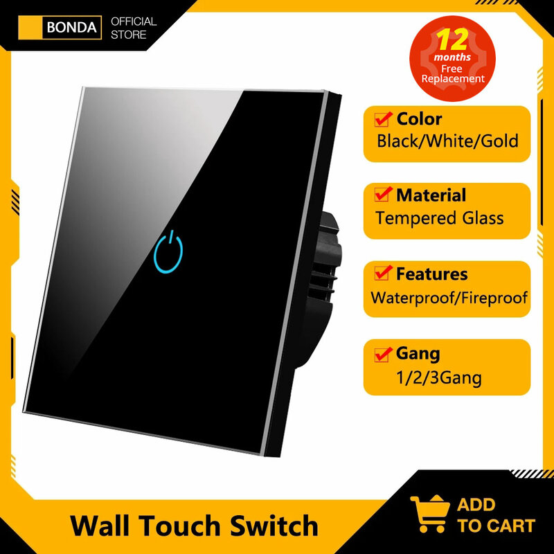 BONDA-Wall Touch Light Sensor Switches, Painel de vidro cristal temperado, Power Switch, padrão da UE, 1 Gang, 2 Gang, 3 Gang, 1 Way, 220V