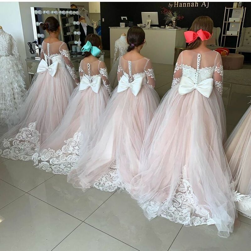 Gaun Anak Perempuan Bunga Anak-anak Renda Gading untuk Pernikahan Gaun Pesta Putri Tule Lengan Panjang untuk Anak Perempuan Gaun Komuni Suci Pertama
