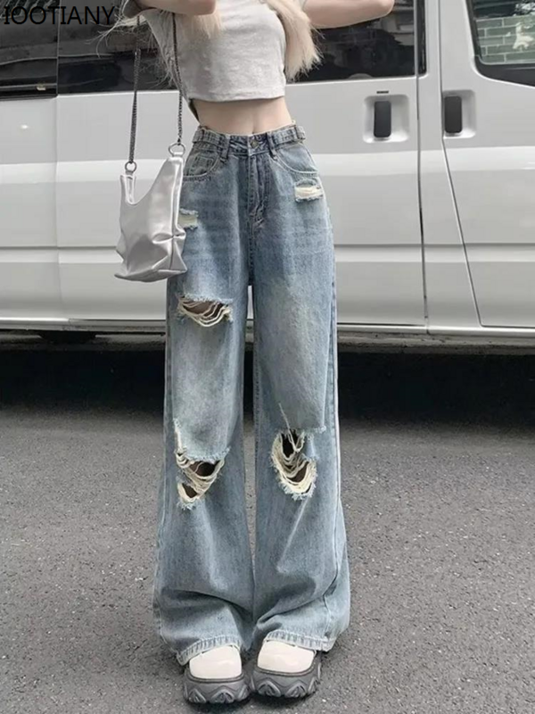 Letnie dziury z wysokim wyszczuplająca talia i luźno dopasowane szerokie nogawki do podłogi spodnie Retro proste jeansowe jeansowe damskie Jeans High-street