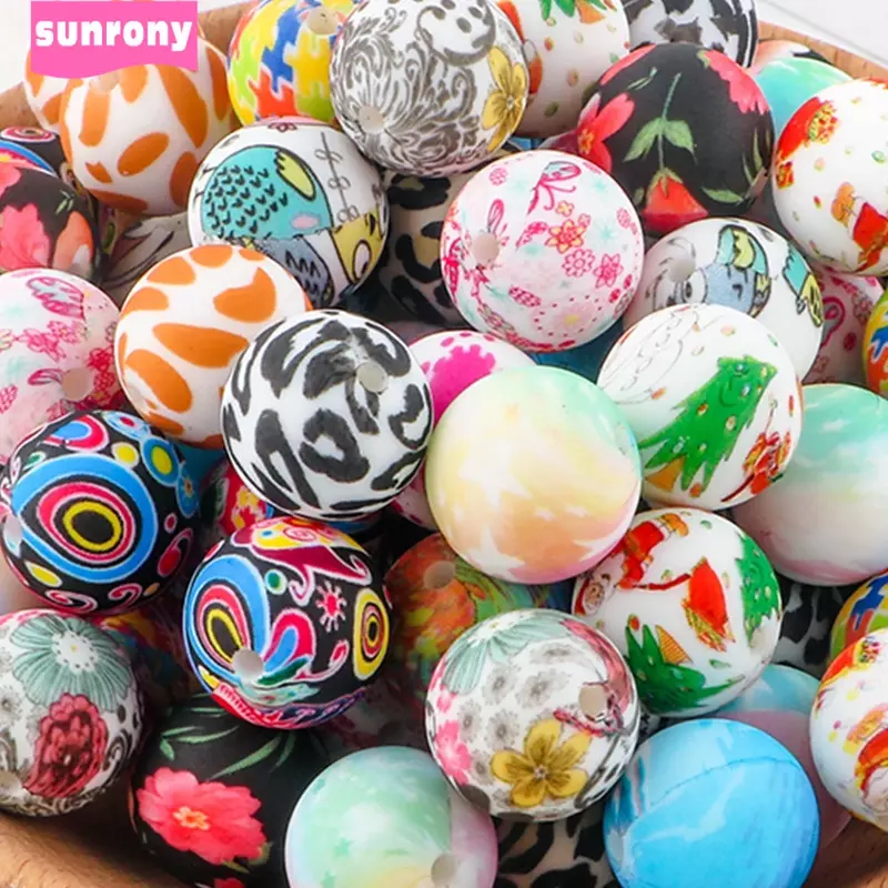 Sunrony-Round Silicone Beads para Fazer Jóias DIY, Brinquedos Molar, Baby Beads, Molar Toys, Chupeta, Cadeia Acessórios, Print Ball, 15mm, 10Pcs por lote