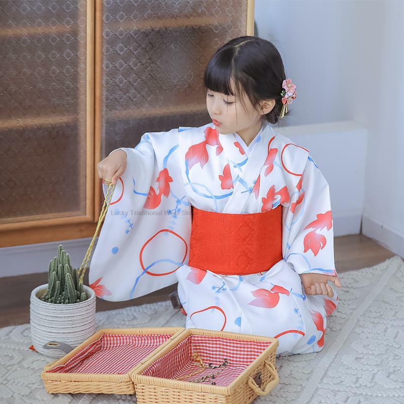 Kimono gaya Jepang anak perempuan, gaun panjang Retro cetakan ikan emas, pakaian fotografi anak-anak