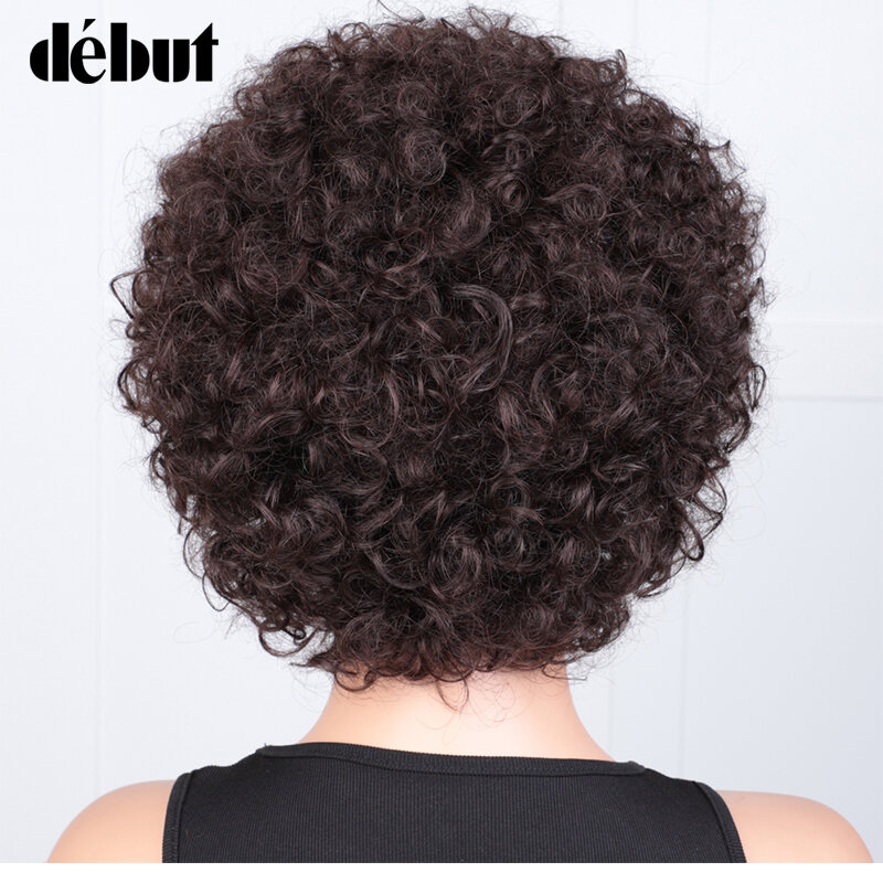 Pelucas de cabello humano peruano sin pegamento para mujer, pelo corto Afro rizado con flequillo, Remy, Marrón Natural