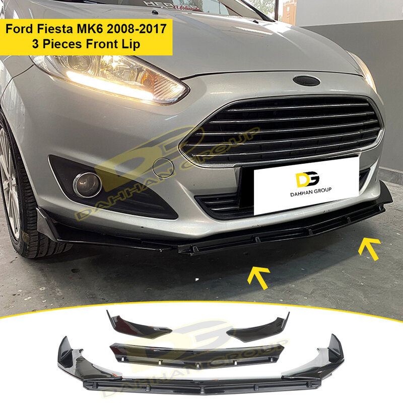 Alerón frontal de plástico para coche Ford Fiesta, Pieza de plástico negro brillante, divisor, Facelift 2007-2018, 3 piezas, MK6 y MK6