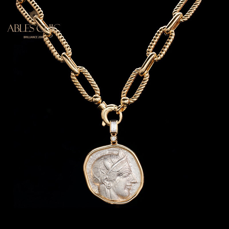 Byzantine 18k ouro autêntico antigo lira athena moeda pingente diamante 0.23ct artefato medalhão reversível colar 46.51g