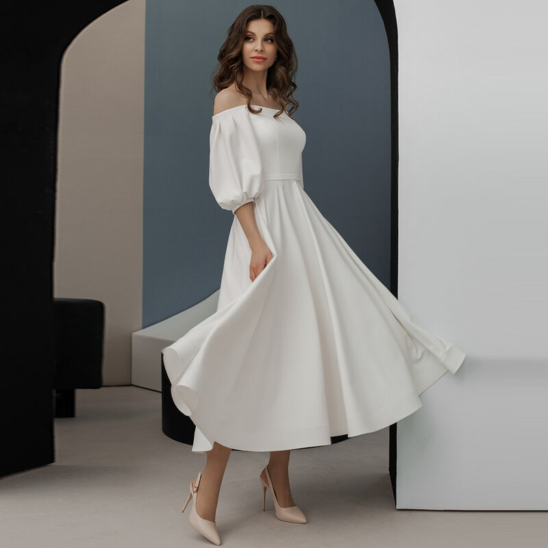 Vestidos de casamento com pescoço barco para mulheres, meia manga simples, comprimento do tornozelo, vestidos nupciais, mancha de robe bonito, fora do ombro, 2024