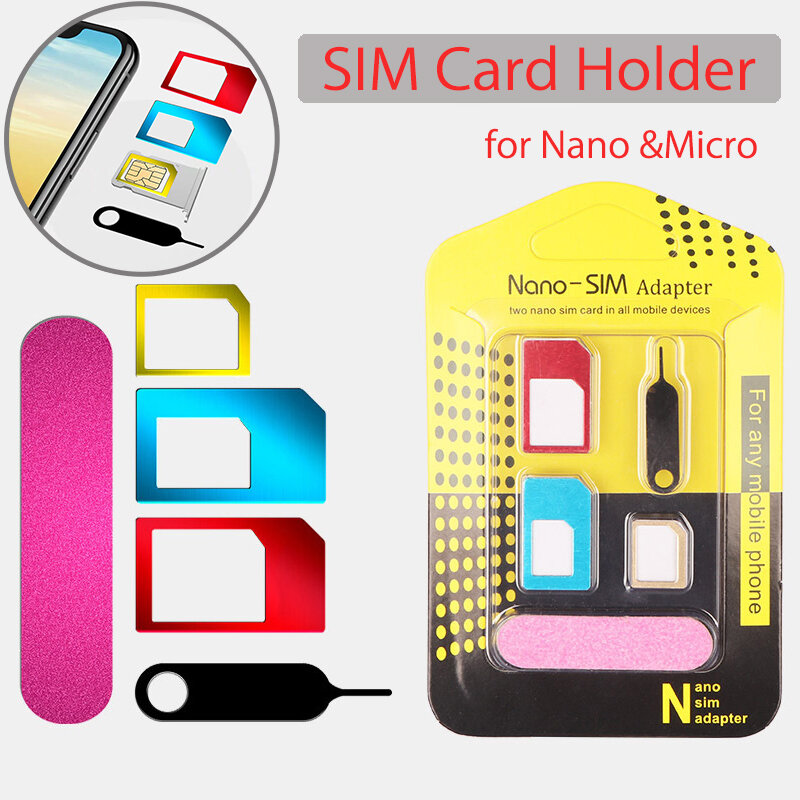 Nano Micro Sim Adapter 5 Trong 1 Thẻ Kim Loại Ốp Lưng Điện Thoại Di Động Thẻ Tay Thẻ Nhỏ Đến Lớn khe Cắm Thẻ Phục Sim Tiêu Chuẩn