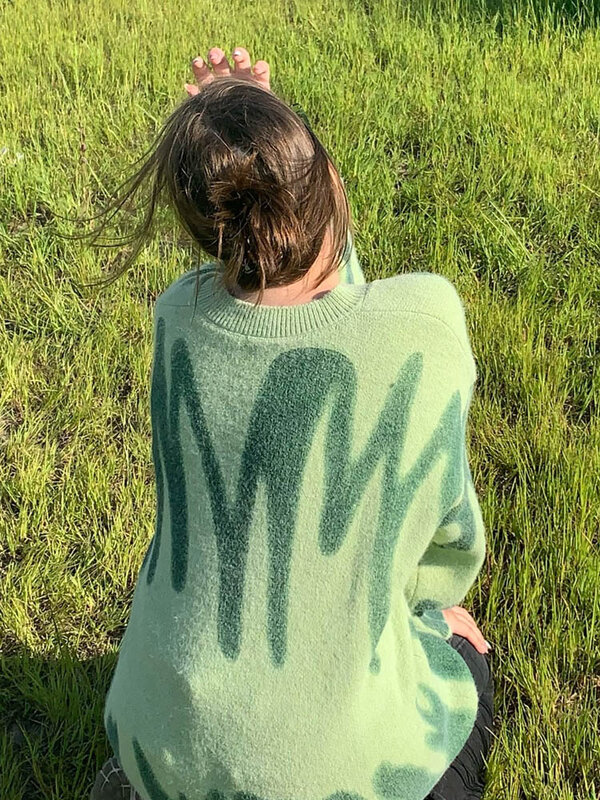 Aproms Elegant Green Striped Print Pullovers Women Winter O-Neck Loose Long Sweaters Streetwear Warm Outerwear 2022