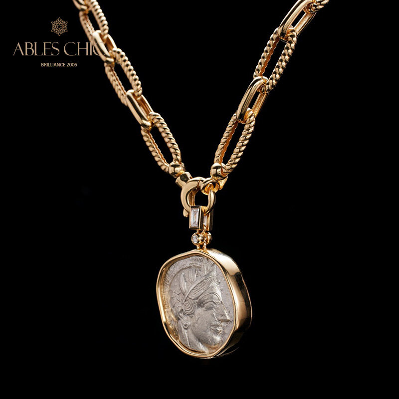 Byzantine 18K Gold Authentic Ancient Lira Athena Coin Pendant Diamond 0.23ct Artifact Reversible Medallion Necklace 46.51g